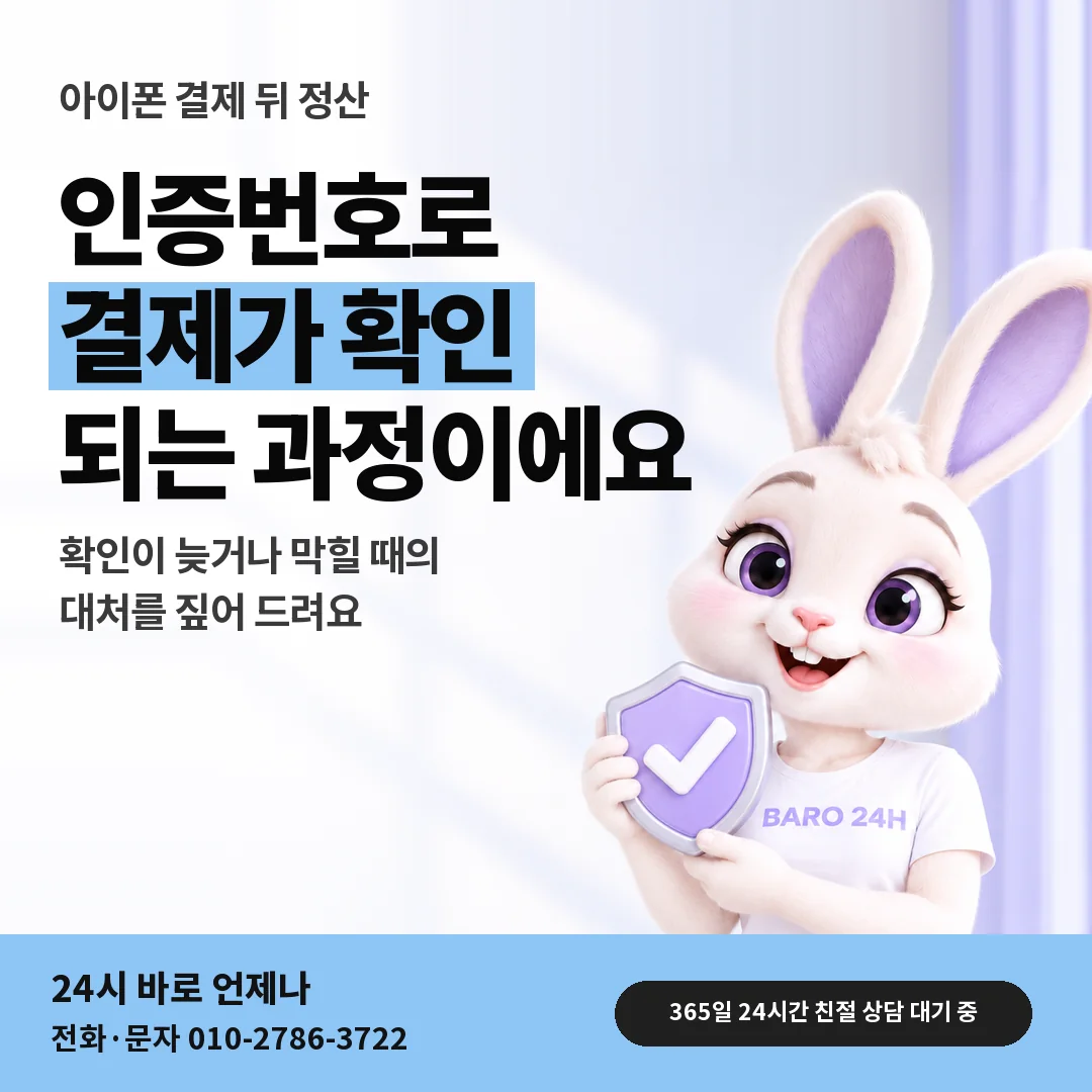 방패를 든 BARO 24H 티셔츠를 입은 3D 토끼 캐릭터 옆에 「아이폰 결제 확인 과정」 제목을 얹은 안내 카드