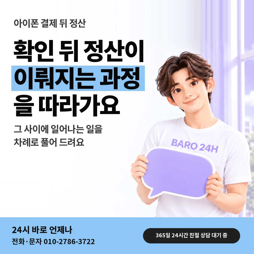 말풍선을 든 BARO 24H 티셔츠를 입은 3D 인물 옆에 「아이폰 3분 정산 과정」 제목을 얹은 안내 카드
