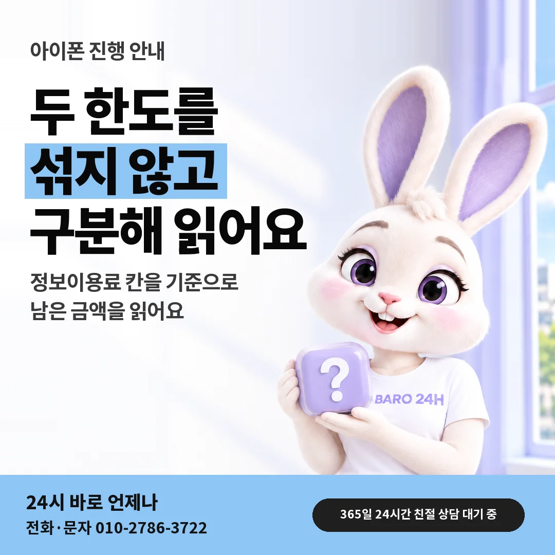 물음표 상자를 든 BARO 24H 티셔츠를 입은 3D 토끼 캐릭터 옆에 「아이폰 두 한도 구분해 읽기」 제목을 얹은 안내 카드