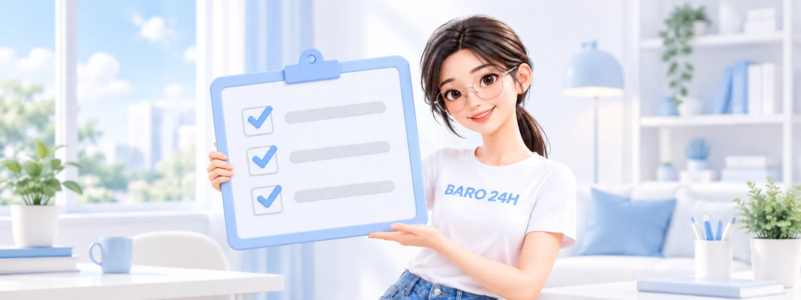 「업체 고르기 체크리스트」 주제를 표현한 3D 인물 일러스트
